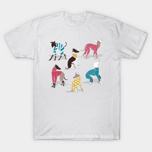 Greyhounds dogwalk // white background T-Shirt by SelmaCardoso